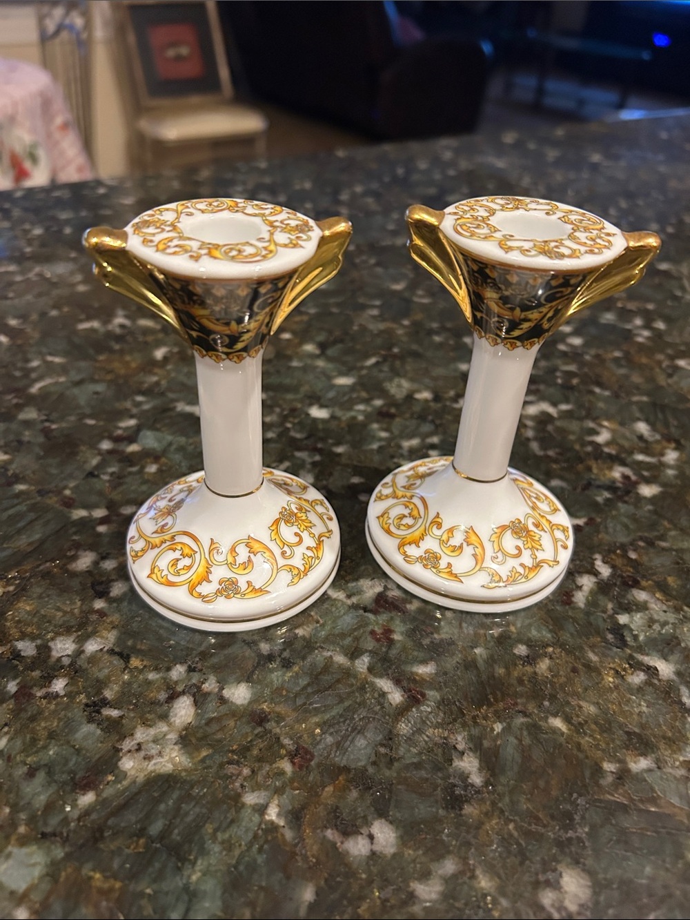 White and Gold Porcelain Candlestick Pair Made in Italy
